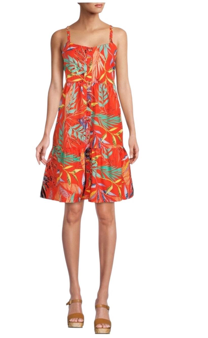 BeachLunchLounge Linen Sundress Orange Sleeveless Button Front Tropical Sz L
